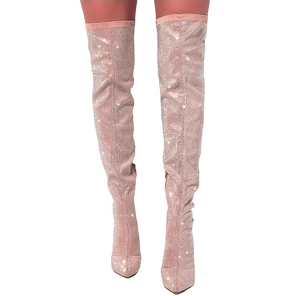 NUDE RHINESTONE HIGH HEEL THIGH HIGH BOOTS - NUDE DIAMOND OVER THE KNEE BOOTS - Picture 4 of 6
